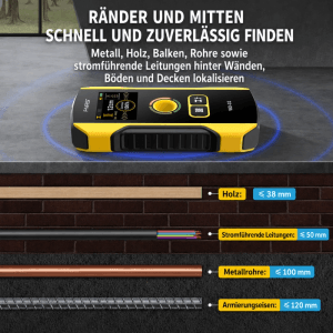 FNIRSI Wandscanner WD-02 lokalisiert Holz, Metall, Rohre, Leitungen in Wänden bis 120 mm Tiefe. Gelb-schwarzes Gerät mit Display.