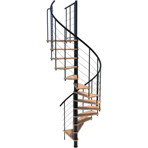 Schwarze Minka Spindeltreppe Venezia Smart Buche Ø100cm, Innentreppe mit Holzstufen und Metallgeländer.