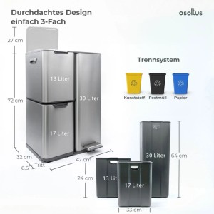 osoltus 3-Fach Mülleimer Petrona aus lackiertem Edelstahl mit 13L, 17L, 30L Fächern für Mülltrennung.