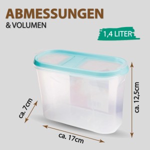 Bestlivings Frischhaltebox Schüttdose, 1,4L, 2er-Pack, türkis, mit Maßangaben.