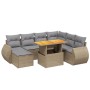 Beige 8-tlg. vidaXL Garten-Sofagarnitur aus Rattan mit Tisch und grauen Kissen.
