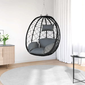 Anthrazitfarbener vidaXL Hängesessel Korb aus Polyrattan ohne Gestell mit Kissen.