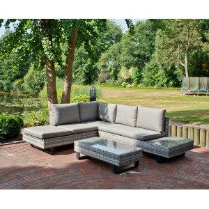 Graue 3-teilige Lounge-Eckgruppe Cadiz mit Tisch und Sofa für den Garten.
