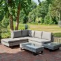 Graue 3-teilige Lounge-Eckgruppe Cadiz mit Tisch und Sofa für den Garten.