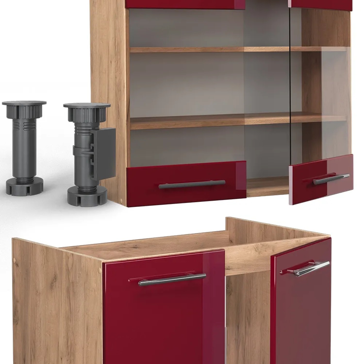 Vicco Küchenzeile Fame-Line, 200 cm, Bordeaux Hochglanz/Eiche, ohne Arbeitsplatte.