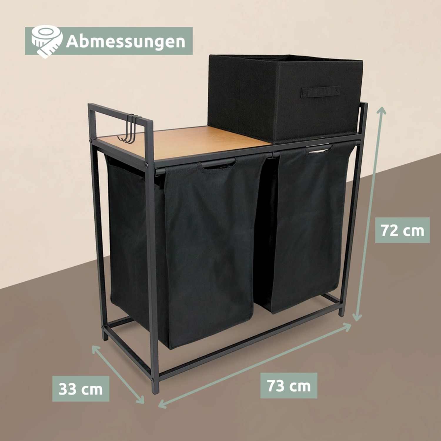 holz4home Wäschekorb mit 2 Fächern, Ablage und Aufbewahrungsbox in Eiche Natur. Badmöbel-Set.