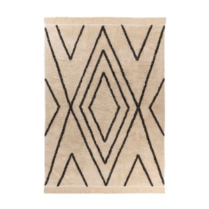 Moderner Kurzflor Teppich in Creme und Schwarz mit Rautenmuster, 120x170 cm.