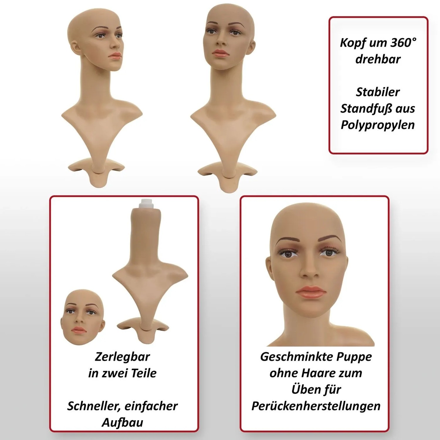 Beiger MCW Mannequin-Kopf G70, 55cm, mit Make-up, ohne Haare. Zeigt drehbaren Kopf, zerlegbar, für Perücken & Deko.