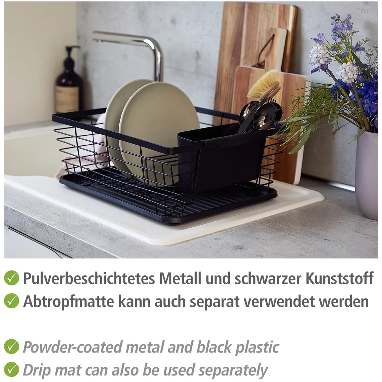 Schwarzer Wenko Geschirrabtropfer Drip mit Abtropfschale und Besteckkorb.