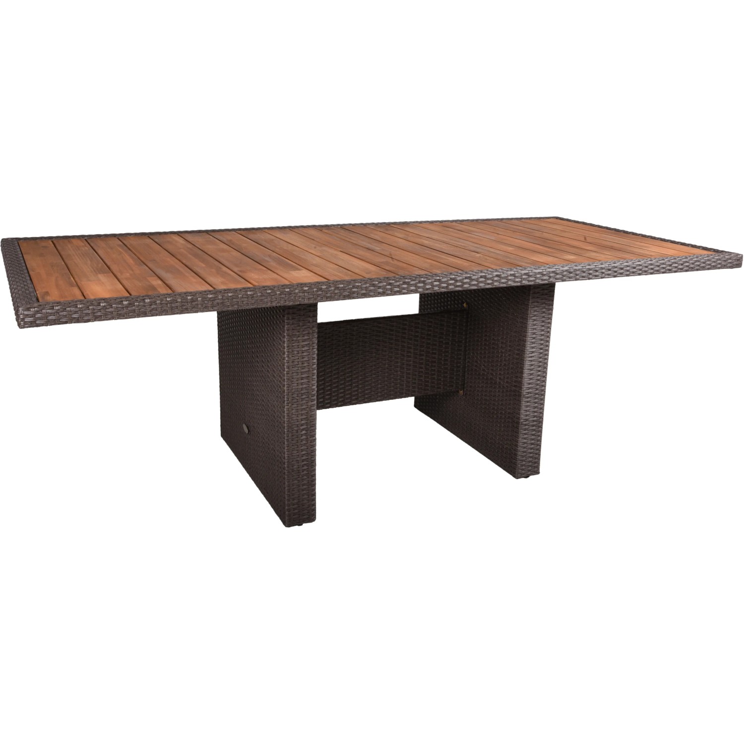 Gartenmöbel-Tisch Braga aus Weidengeflecht mit Akazienholzplatte, Teil des 7-teiligen Gartenmöbel-Sets.