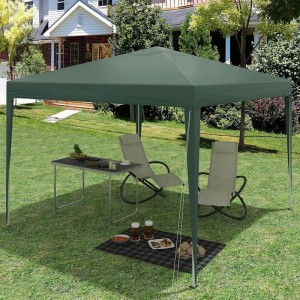 Grüner WOLTU Pop-Up Pavillon 3x3m im Garten mit Tisch und Stühlen. Wasserdichter Sonnenschutz für Outdoor.