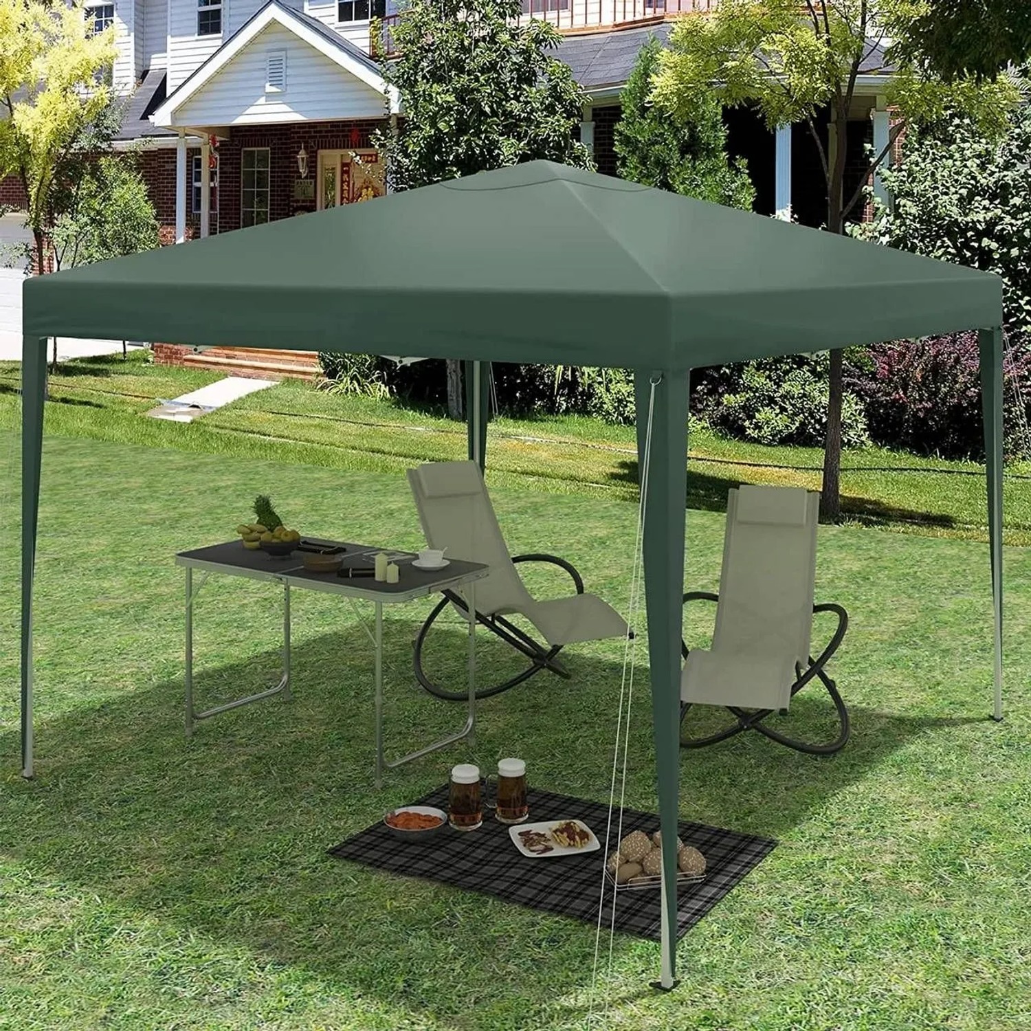 Grüner WOLTU Pop-Up Pavillon 3x3m im Garten mit Tisch und Stühlen. Wasserdichter Sonnenschutz für Outdoor.