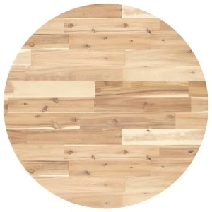 Runde Tischplatte aus massivem Akazienholz, Ø70 cm. Helle Holzmaserung mit natürlichen Astlöchern.