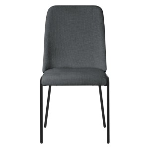 Anthrazitfarbener Esszimmerstuhl mit Stoffbezug und schwarzen Metallbeinen, Teil eines 4er Sets. Modernes Design.