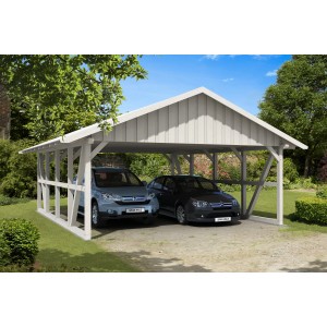 Weißer Skan Holz Carport Schwarzwald mit Dachschalung und zwei geparkten Autos.
