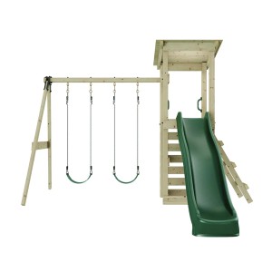 Rebo Spielturm Neapel Natur mit Rutsche, Kletterwand und Doppelschaukel aus massivem Fichtenholz.