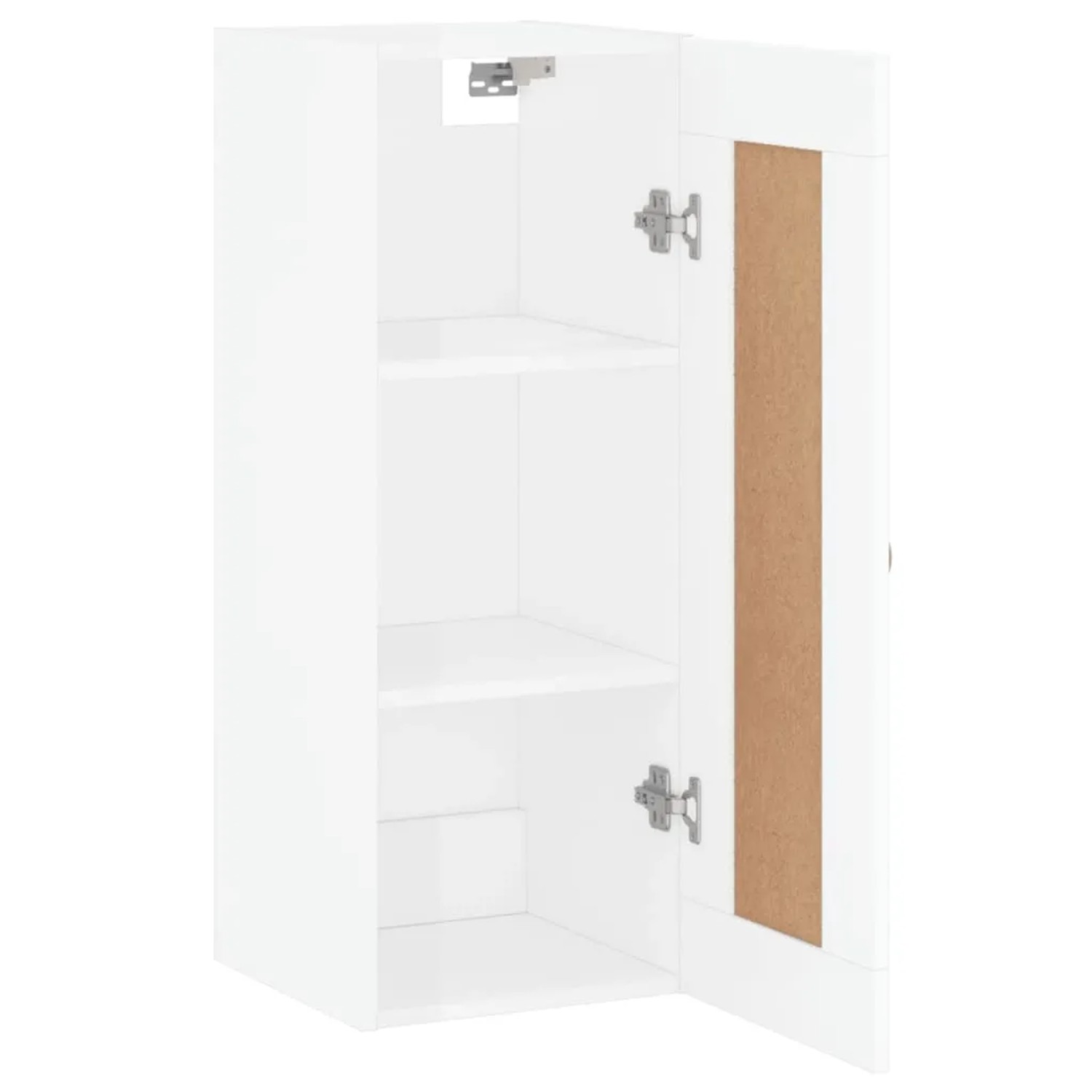 Weißer Hänge-Wandschrank mit offener Tür, drei Fächer, aus Holzwerkstoff für Wohnzimmer.