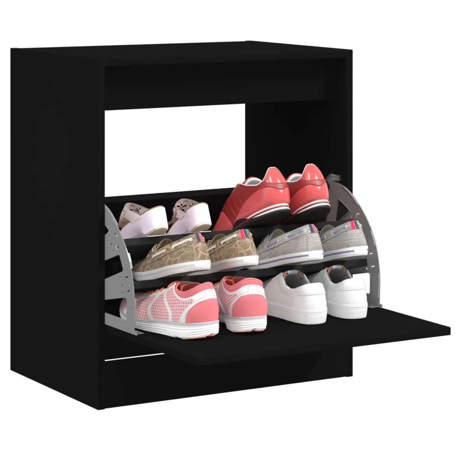 Schwarzer vidaXL Schuhschrank (60x42x69 cm) aus Holzwerkstoff mit Schuhen.