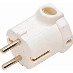 Weißer Schutzkontakt-Flachstecker mit seitlicher Einführung für enge Stellen.