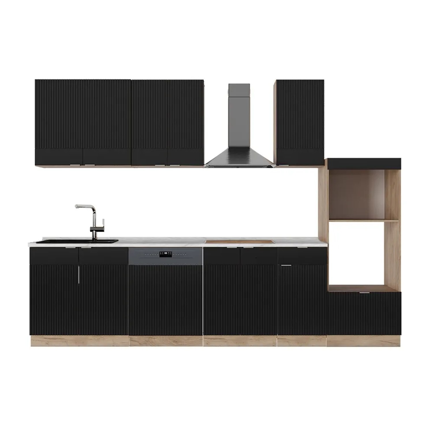 Vicco Fame-Line Küchenzeile Schwarz gestreift/Goldkraft Eiche 300 cm mit HochschrankAP Anthrazit ohne E-Geräte