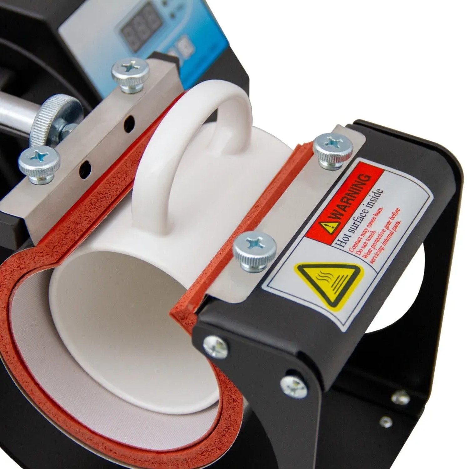 PixMax Tassenpresse Transferpresse mit eingesetzter, weißer Tasse. Ideal zum Bedrucken von Tassen.