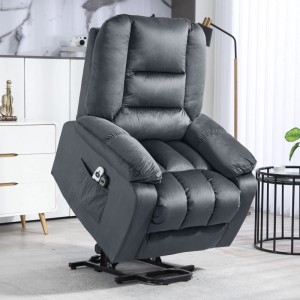 Grauer Fernsehsessel mit Aufstehhilfe, aus Polyester, leicht angehoben. Komfortabler Loungesessel mit Fernbedienung.