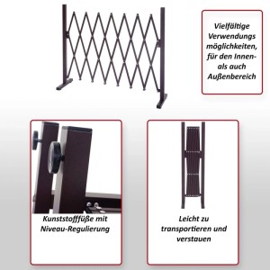 Dunkelbraunes, ausziehbares Absperrgitter aus Aluminium mit verstellbaren Kunststofffüßen. Faltbar, vielseitig für Innen- & Außenbereich.