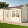 Unbehandeltes Alpholz Gartenhaus Bolton 28 XL mit Anbaudach und Doppeltür.