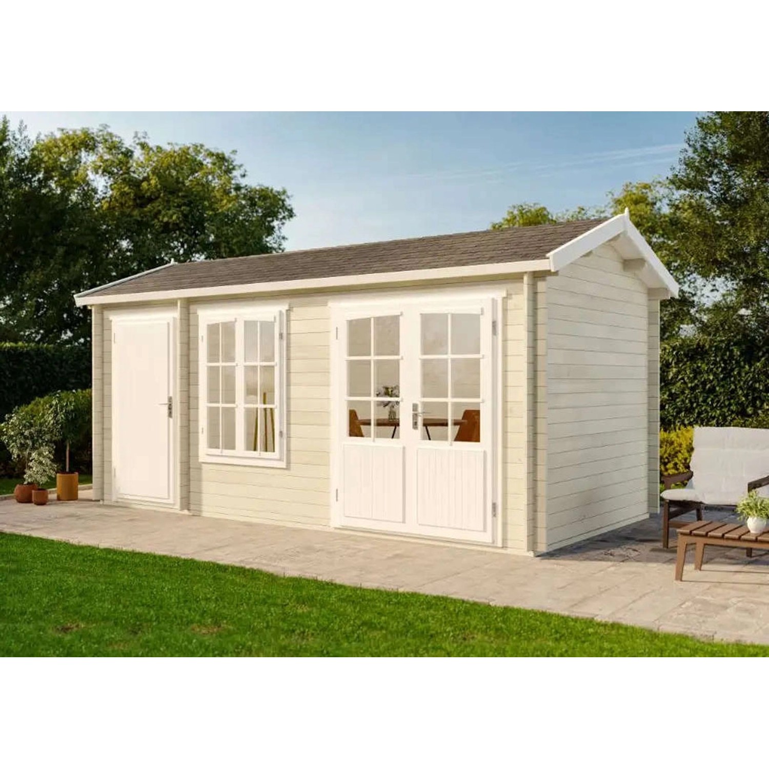 Unbehandeltes Alpholz Gartenhaus Bolton 28 XL mit Anbaudach und Doppeltür.