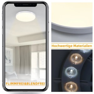 Weiße, runde NETTLIFE LED Deckenleuchte aus Kunststoff, flimmerfrei & blendfrei. Detailansicht der LEDs und hochwertigen Materialien.