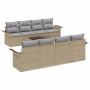 Beiges 9-teiliges vidaXL Garten-Sofa-Set aus Polyrattan mit Tisch und grauen Kissen.