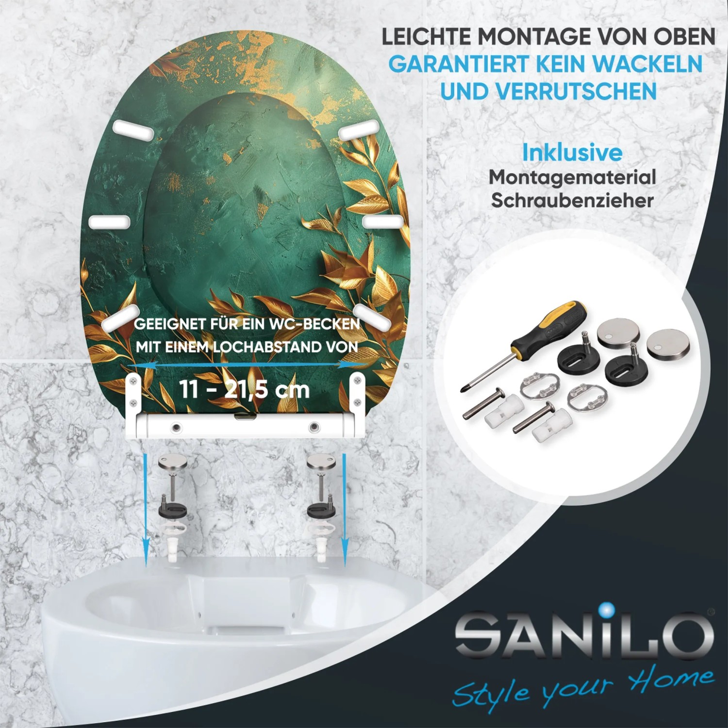 SANILO WC-Sitz Greego mit Absenkautomatik und Top-Fix-Befestigung, grünes Design mit goldenen Akzenten.