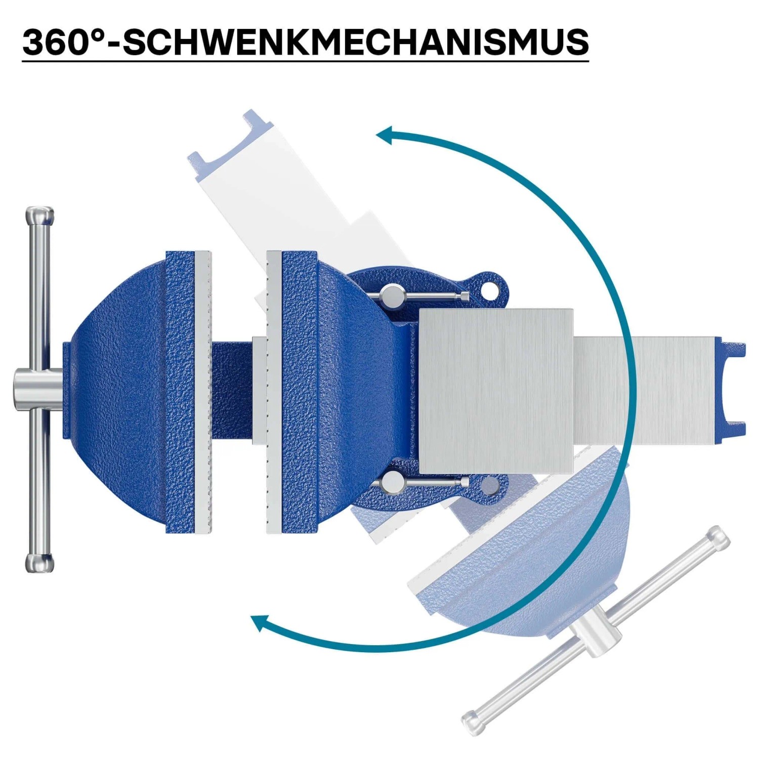 Blauer Wiltec Heavy Duty Schraubstock mit 125mm Klemmbacken und 360° Schwenkmechanismus für Werkbank.