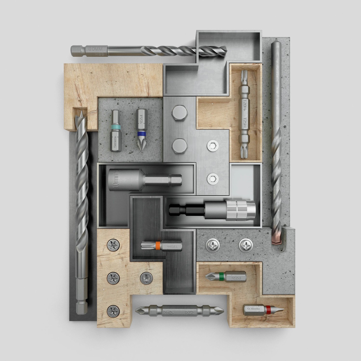 Bosch Betonbohrer-/Bit-Set, 35-teilig, verschiedene Bohrer und Bits in Halterung.