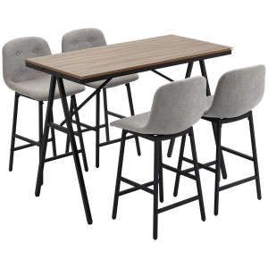 HOMCOM Bartisch-Set, 5-teilig, hellgraue Hocker, Tisch mit Holzoptik und schwarzem Stahlgestell.