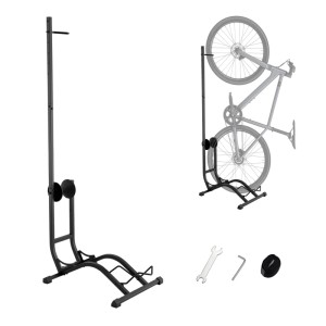 Schwarzer Wiltec Fahrradständer Typ 02, vertikal und freistehend, zeigt platzsparende Fahrradaufbewahrung. Verstellbarer Radhalter.