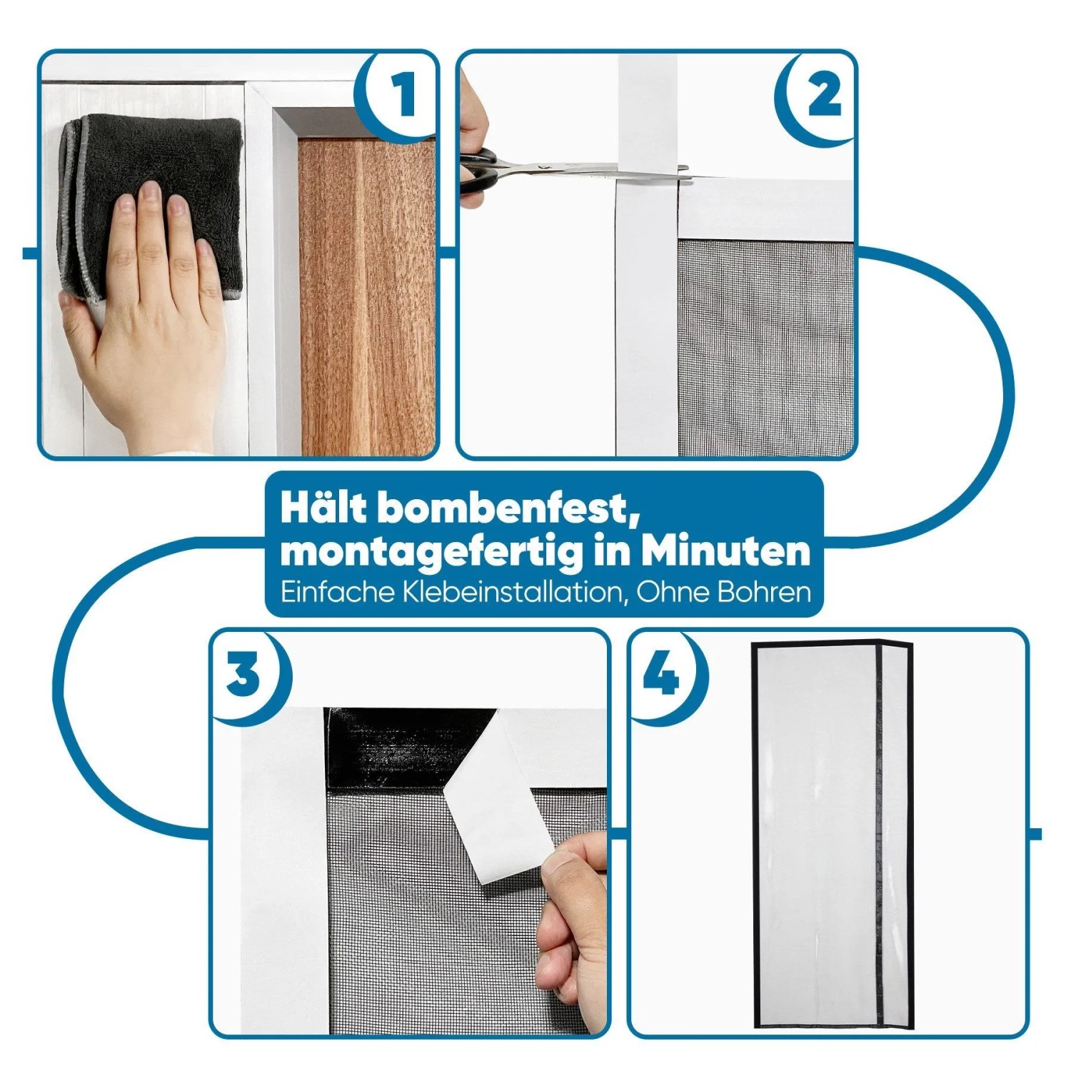 Montage Magnet Fliegengitter für Fenster/Tür mit Klettband in 4 Schritten.