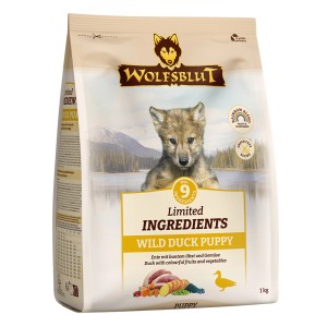 Wolfsblut Hunde-Trockenfutter Limited Ingredients Wild Duck Puppy, 1 kg Packung mit Enten- und Gemüsebild.