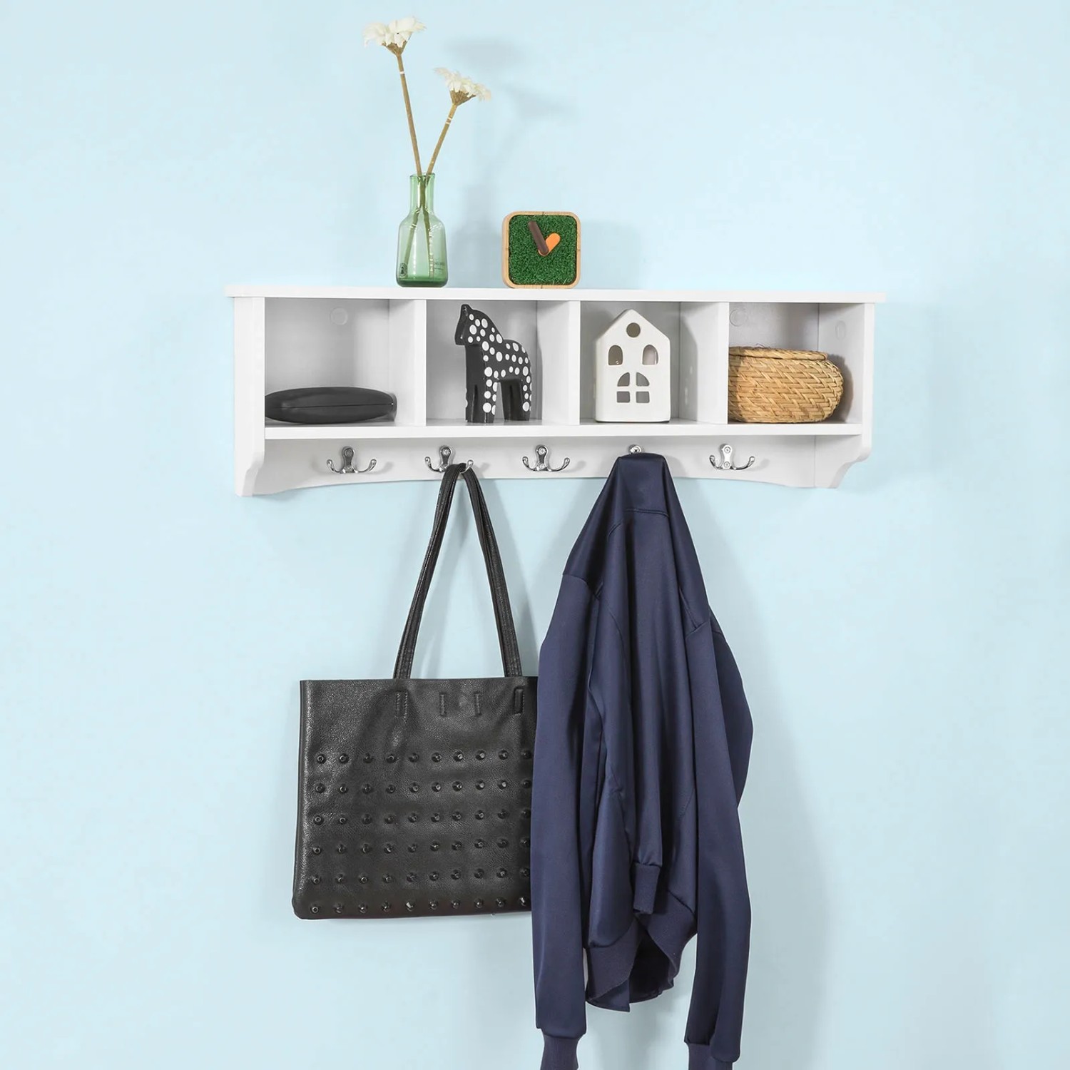 Weiße SoBuy Wandgarderobe mit 5 Haken und Ablagefächern für Flur, Bad oder Küche.