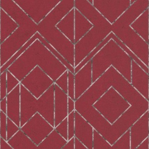 Rote Vliestapete mit geometrischem Art Deco Muster in Dunkelrot und Silber für Wohnräume.