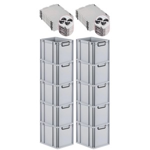 PROREGAL Sparset: 10 graue Euroboxen mit Deckel, 32x30x40cm, 30 Liter. Geschlossene Transportboxen mit schwarzen Griffen.