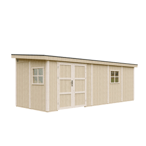 Timbela Premium Schuppen M941B, beige-braunes Holz-Gartenhaus mit Doppeltür und zwei Fenstern.