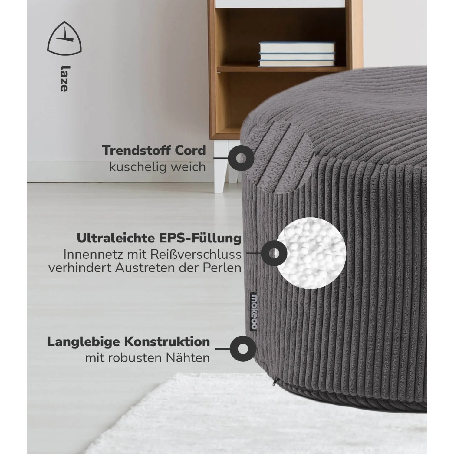 Anthrazitfarbener Cord Hocker 'Der Faule Lenz' von mokebo mit EPS-Perlen Füllung.