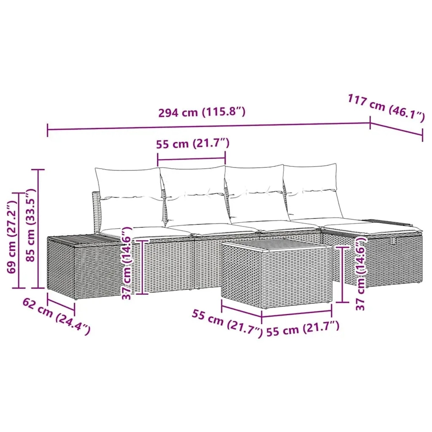 vidaXL Gartenmöbel-Set, 6-teilig, grau, Poly Rattan, mit Kissen und Stauraum. Abmessungen sichtbar.
