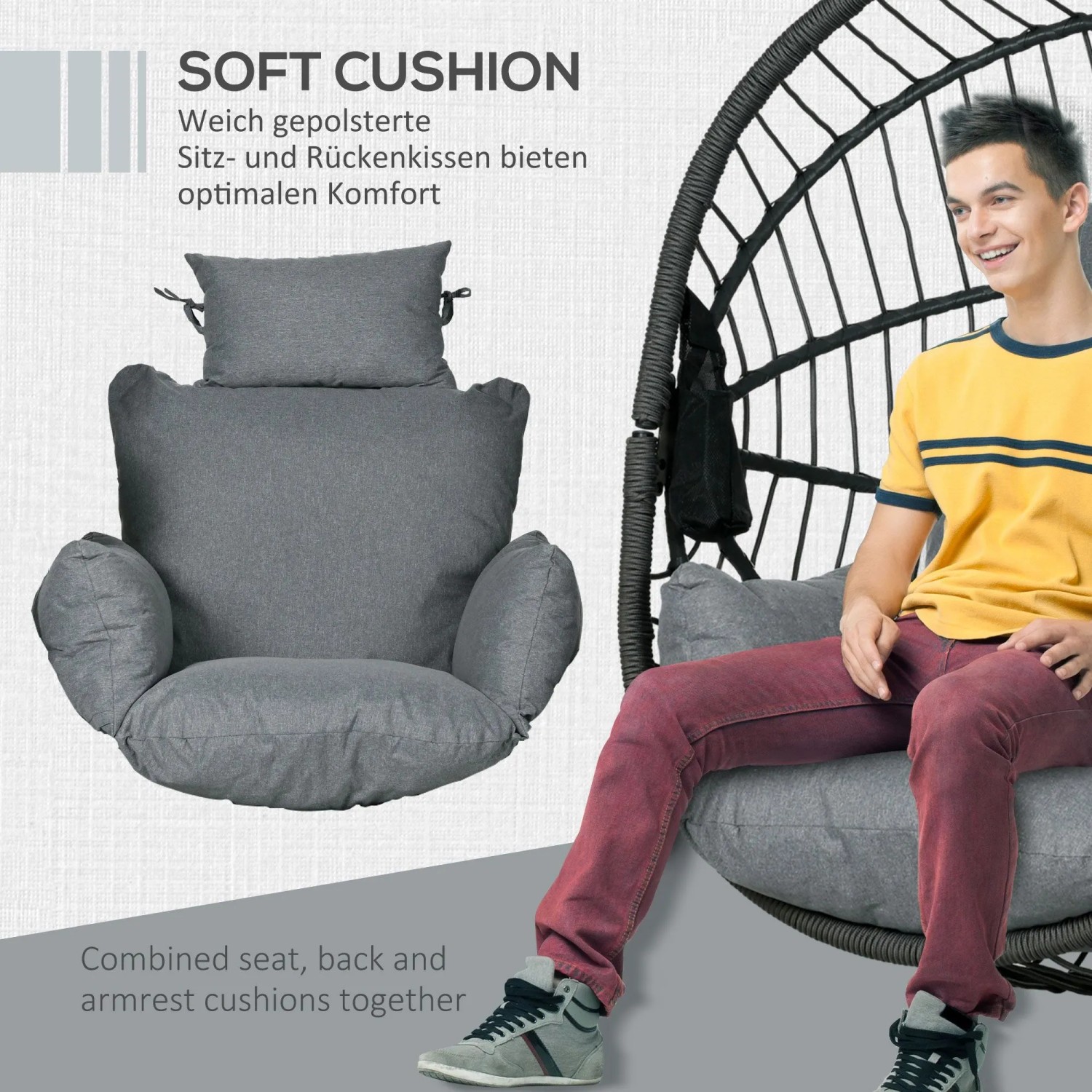 Grauer Furnicato Hängesessel mit Polster, Egg-Chair Design für Indoor & Outdoor.