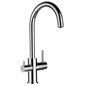 VIZIO 3-Wege Küchenarmatur mit schwenkbarem U-Auslauf für Kalt-, Warm- und Filterwasser.