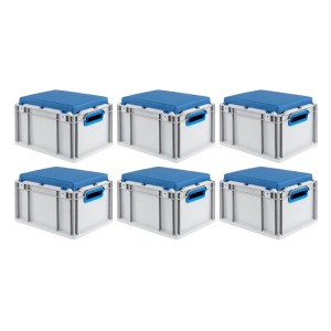 Sechs blaue Eurobox NextGen Sitzboxen, 20 Liter, mit Griffen, als Transport- und Stapelbehälter.