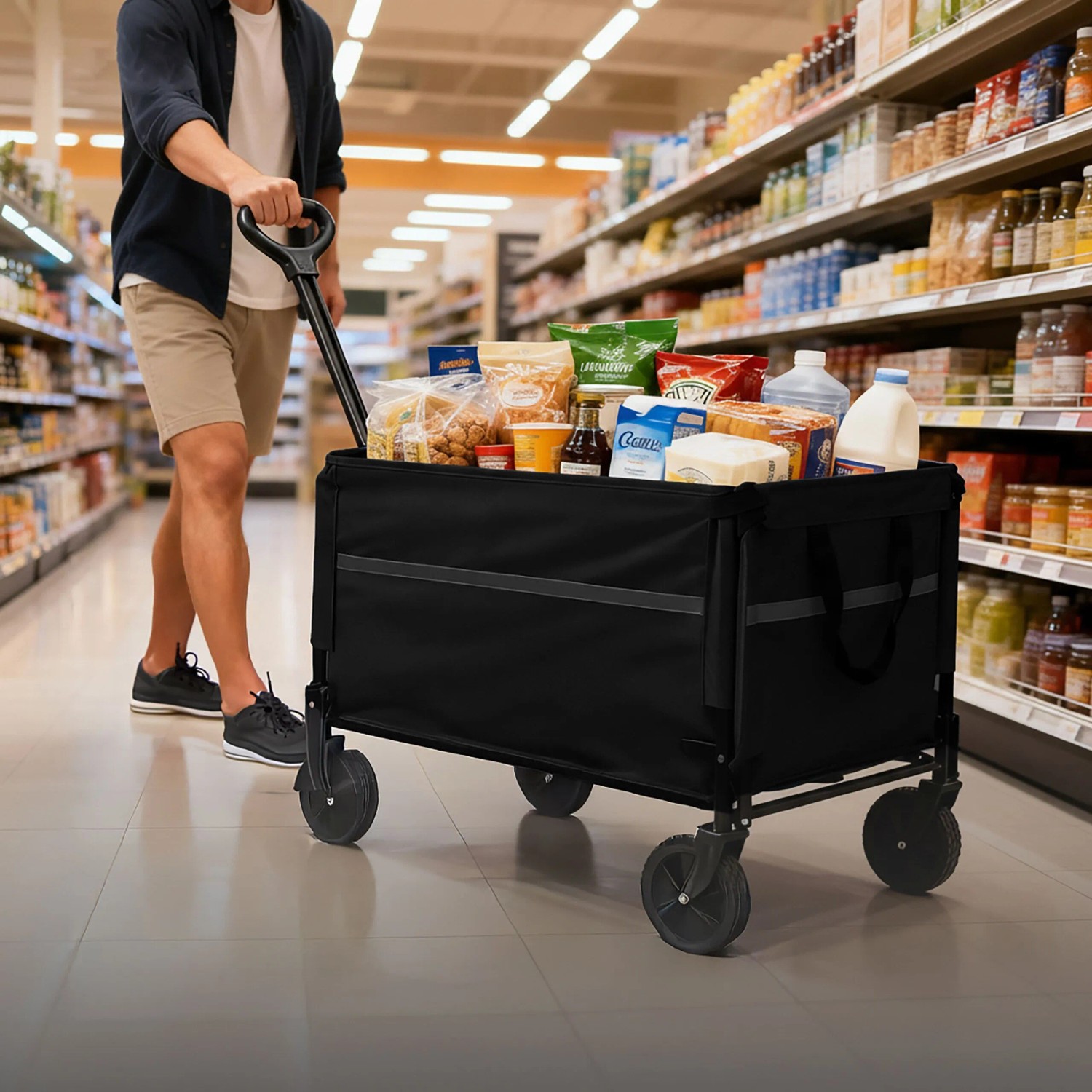 Schwarzer faltbarer Bollerwagen mit Teleskopgriff, gefüllt mit Einkäufen, wird im Supermarkt gezogen.