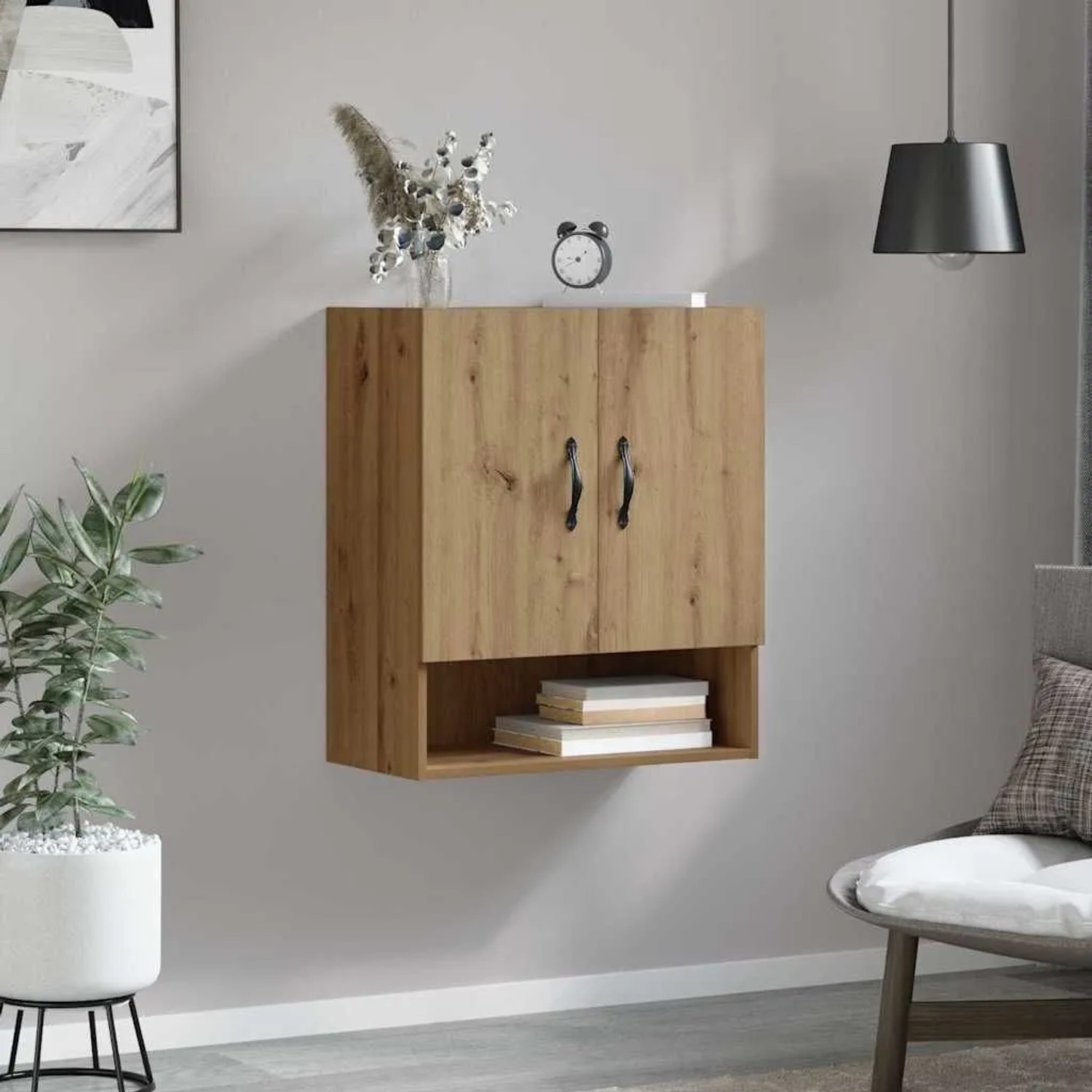 Wandschrank Artisan-Eiche aus Holzwerkstoff mit zwei Türen und offenem Fach, modern im Wohnzimmer.