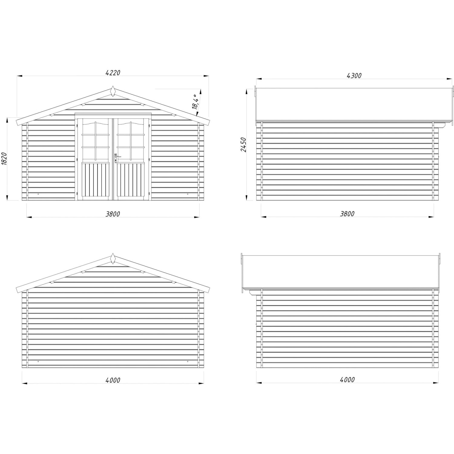 Technische Zeichnung Palmako Gartenhaus Lotta, 380x380 cm, grau-weiß, Maße und Ansichten.